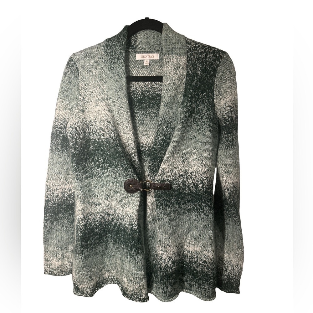 ELLEN TRACY Size M Wool Blend Green & White Cardigan with Front Leather Closure